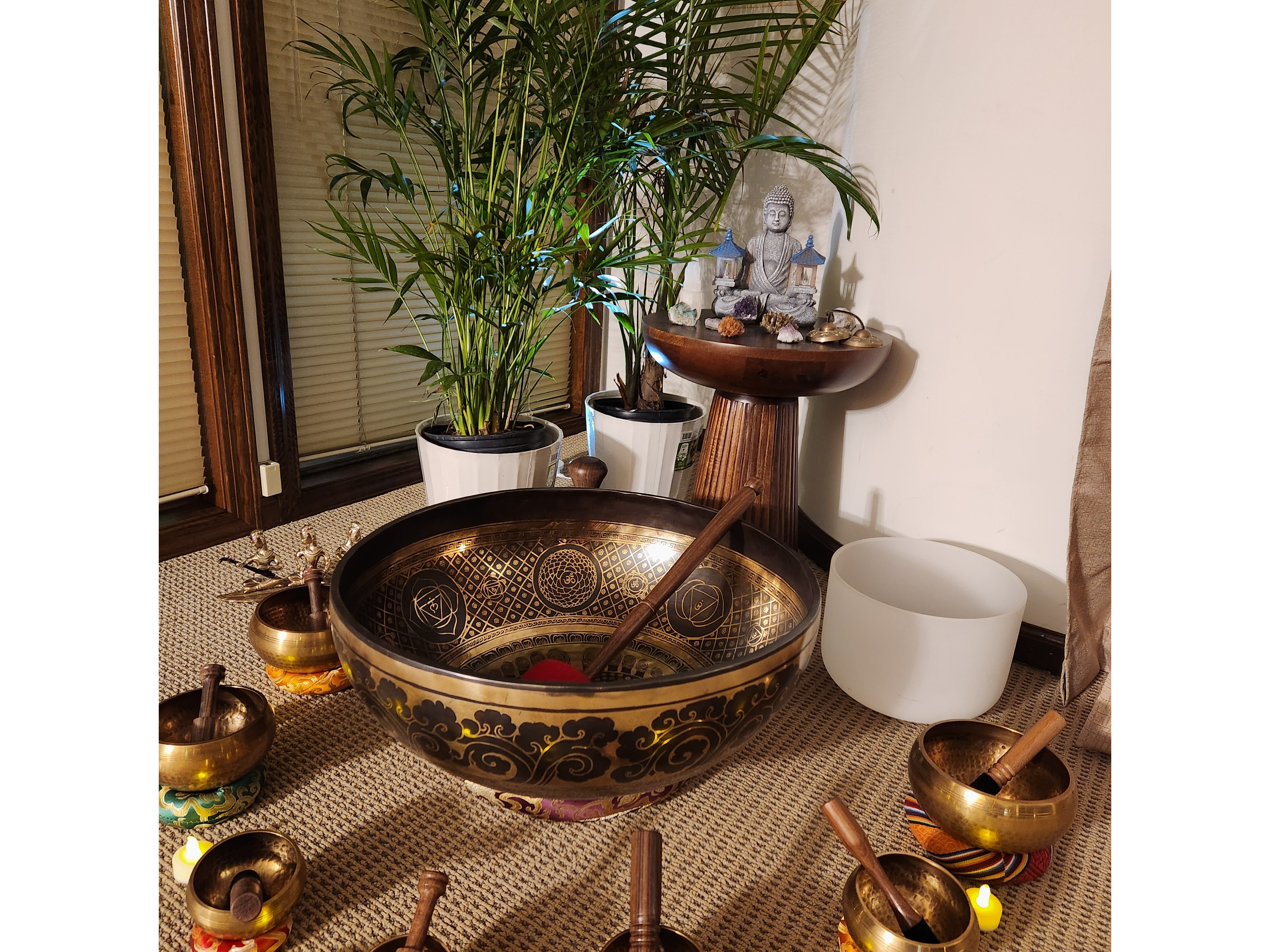 Singing Bowls and crystals on display